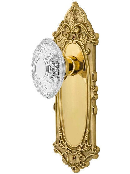 Victorian Door Set with Matching Crystal-Glass Knobs Single Dummy in Polished Brass.